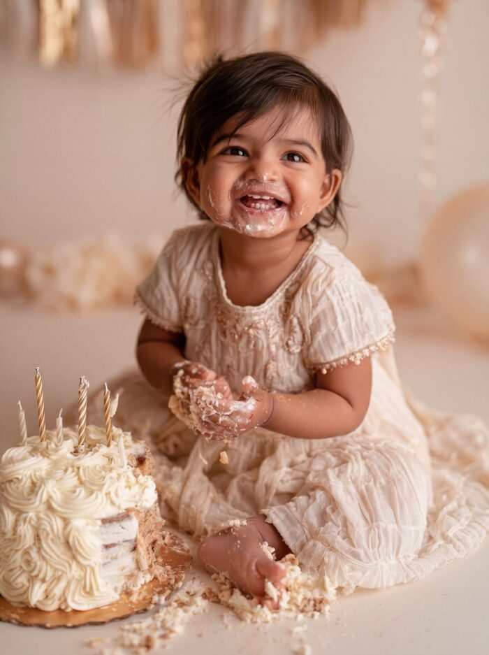 Cake Smash Photoshoot concept with messy cake and joyful child
