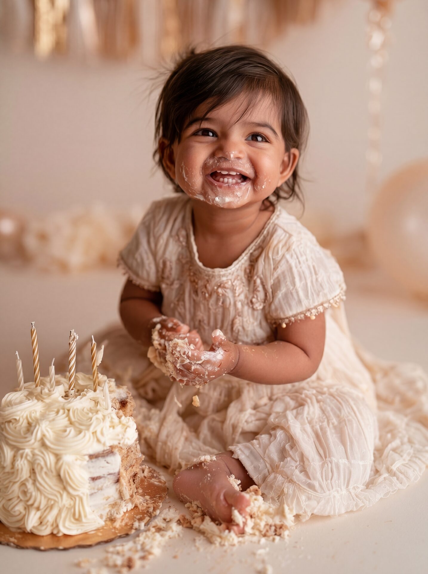 Cake Smash Photoshoot concept with messy cake and joyful child